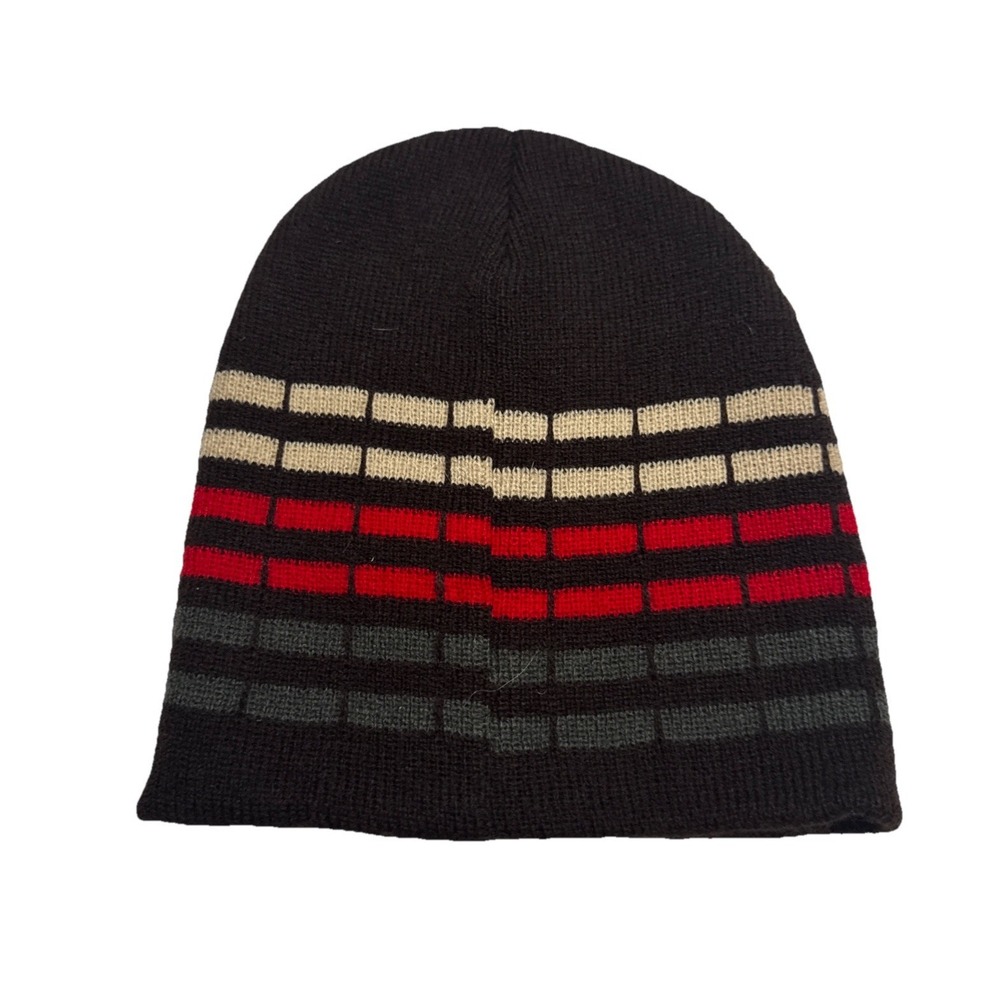 Unbranded Black Striped Knit Beanie Hat Red Grey Cream‎ Acrylic Skull Cap Mens